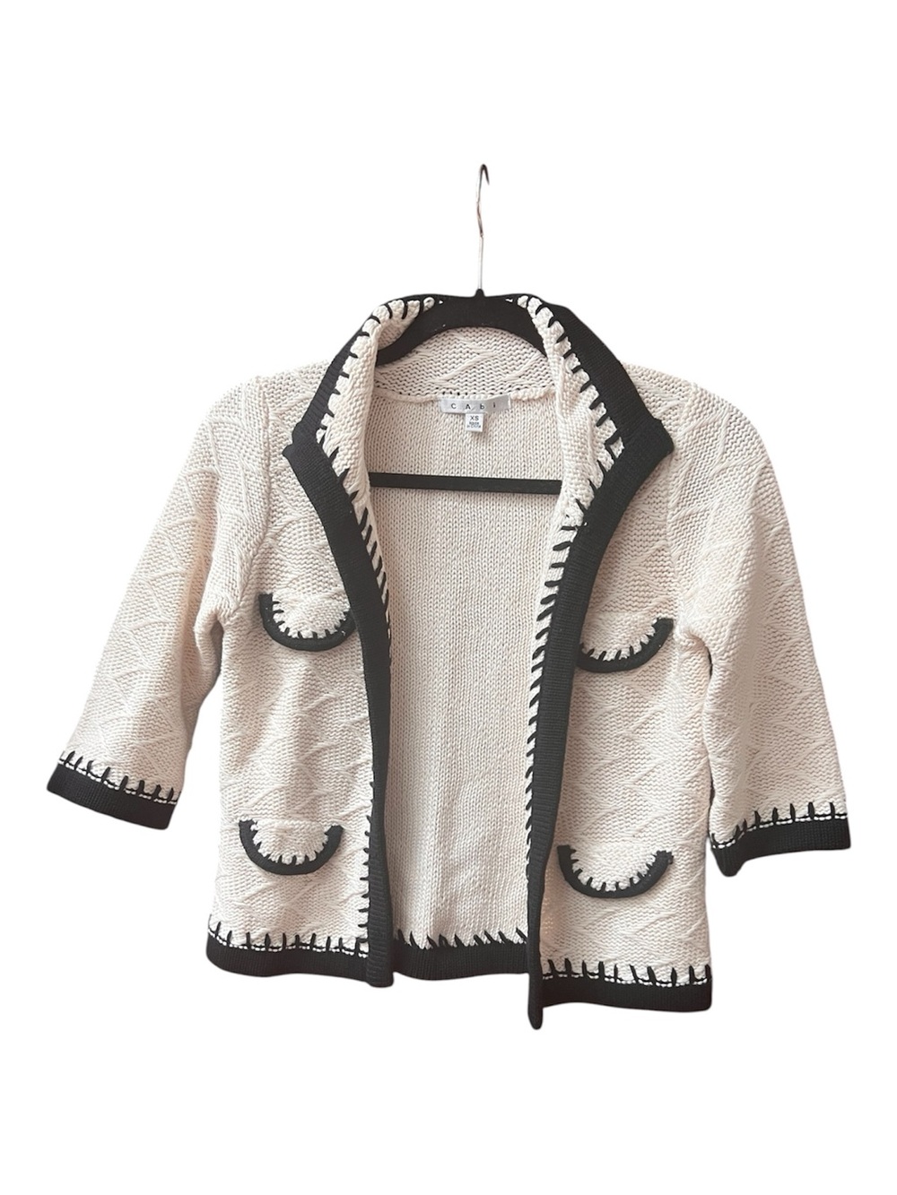 CAbi Cream Open Knit Cardigan with Black Trim